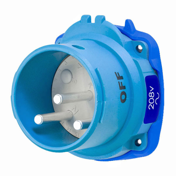 63-38162 - DSN30 INLET POLY BLUE SIZE 2 TYPE 4X IP 69 2P+G 30A 208 VAC 60 Hz NO AUX